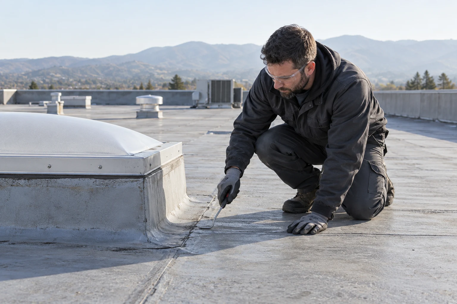 Commercial roofer examining membrane flashing around a rooftop skylight curb