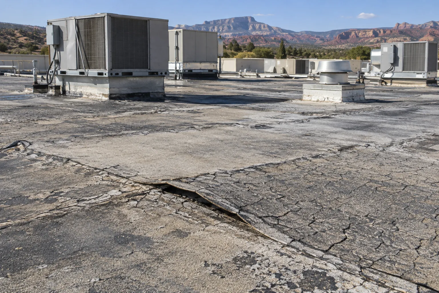 Cracked, sun-aged flat membrane with an open split near rooftop units