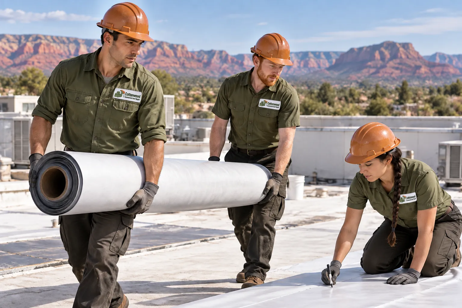 Roofers carrying a roll of white membrane across a flat commercial roof in Cottonwood, AZ