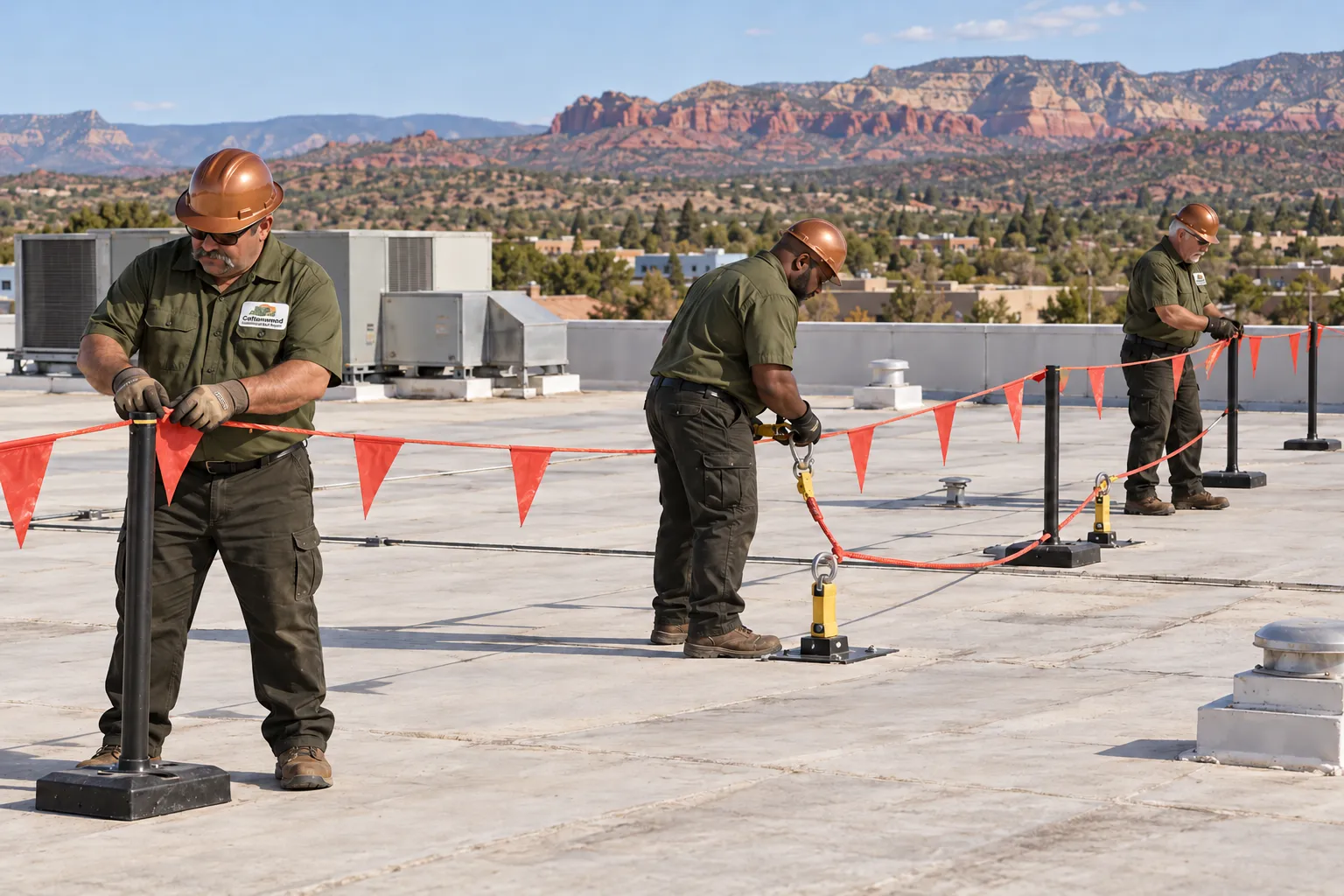 Three roofers staging a flagged warning line near rooftop units