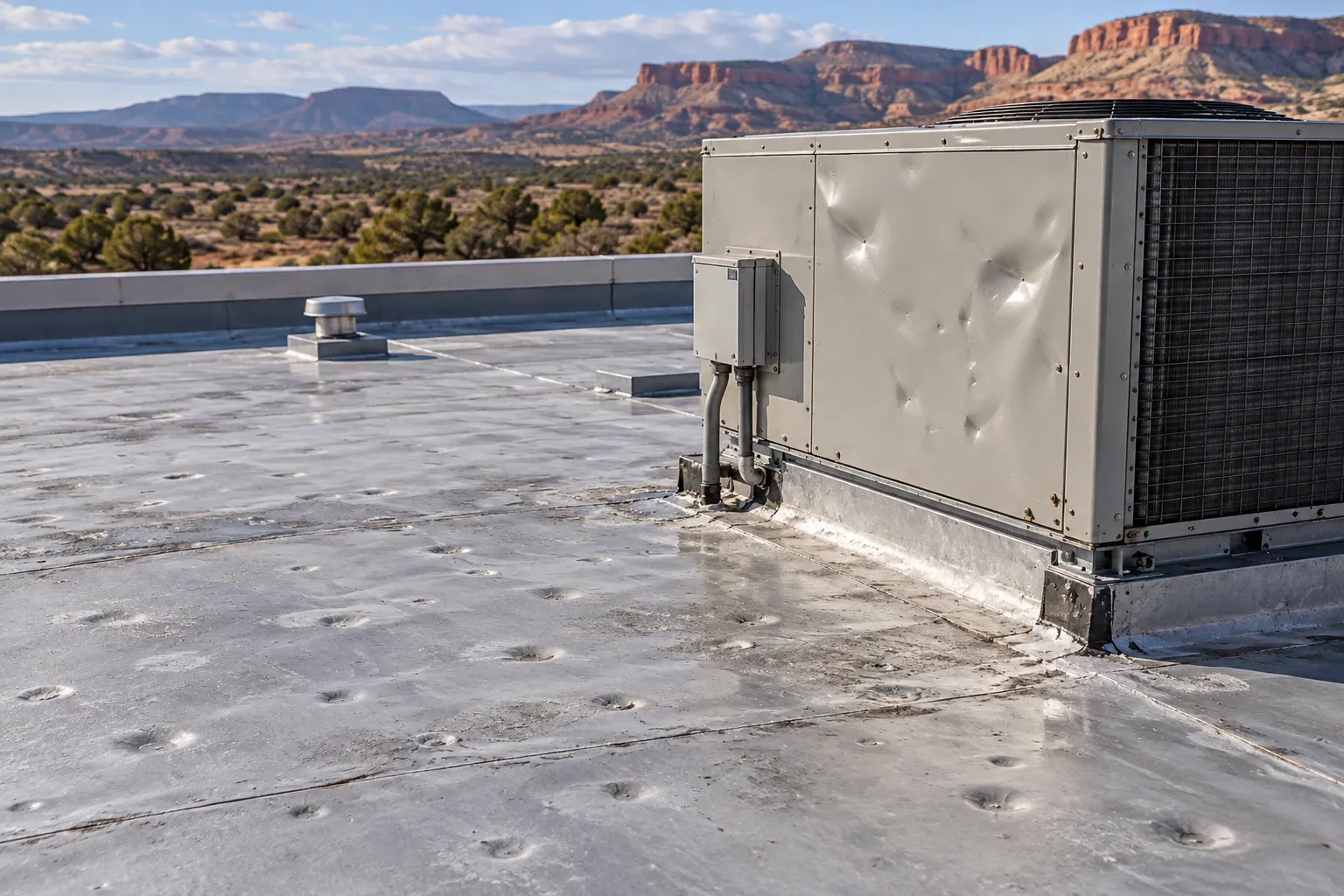 Hail-dented rooftop unit and pocked roof membrane after a storm
