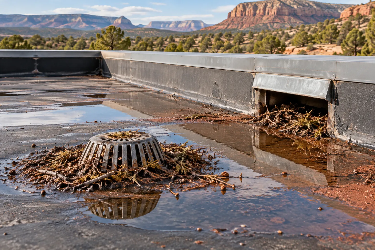 Roof drain and scupper packed with leaves and twigs with water standing around the strainer