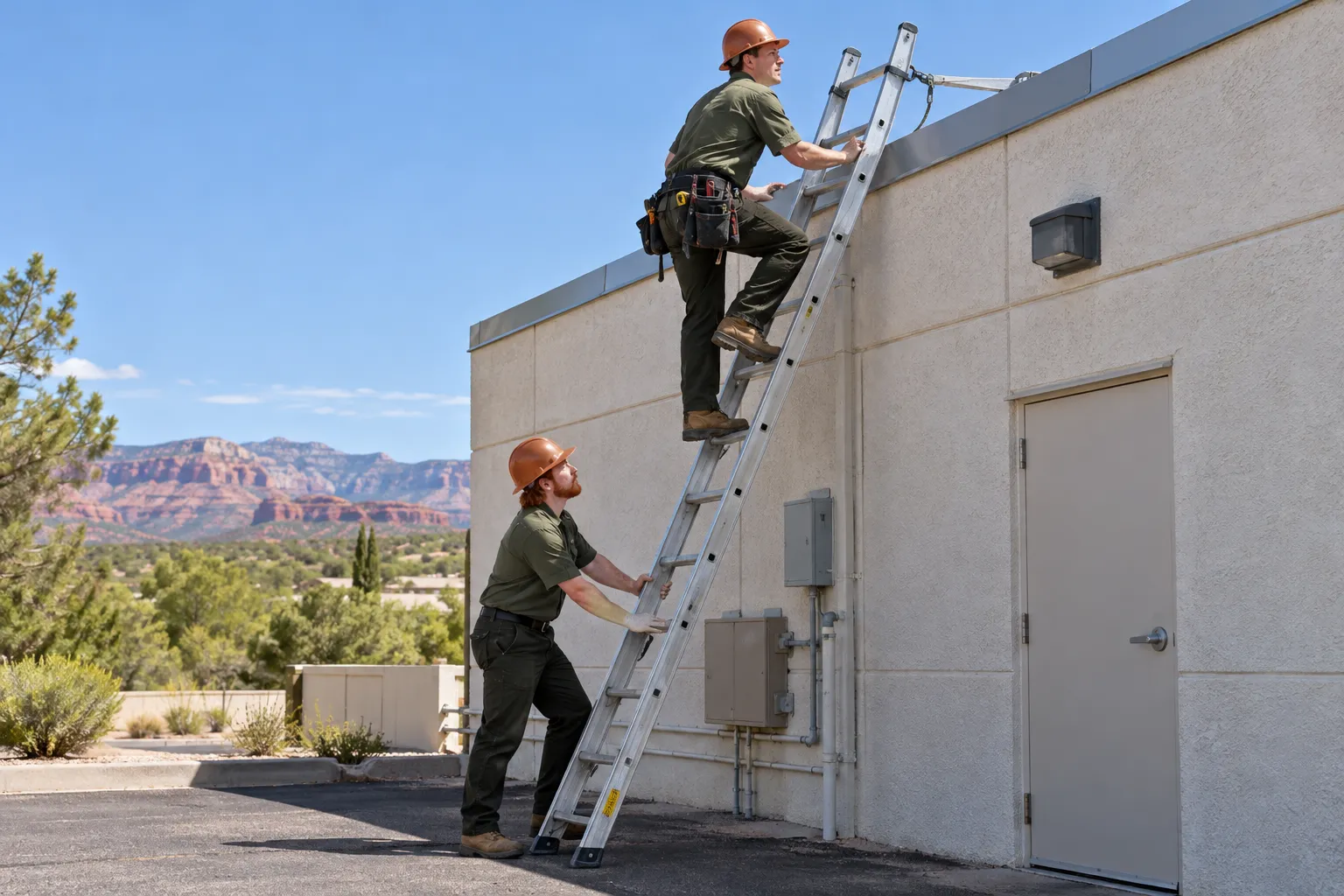 Roofer climbing a tied-off ladder to reach a commercial roof while a second roofer steadies it