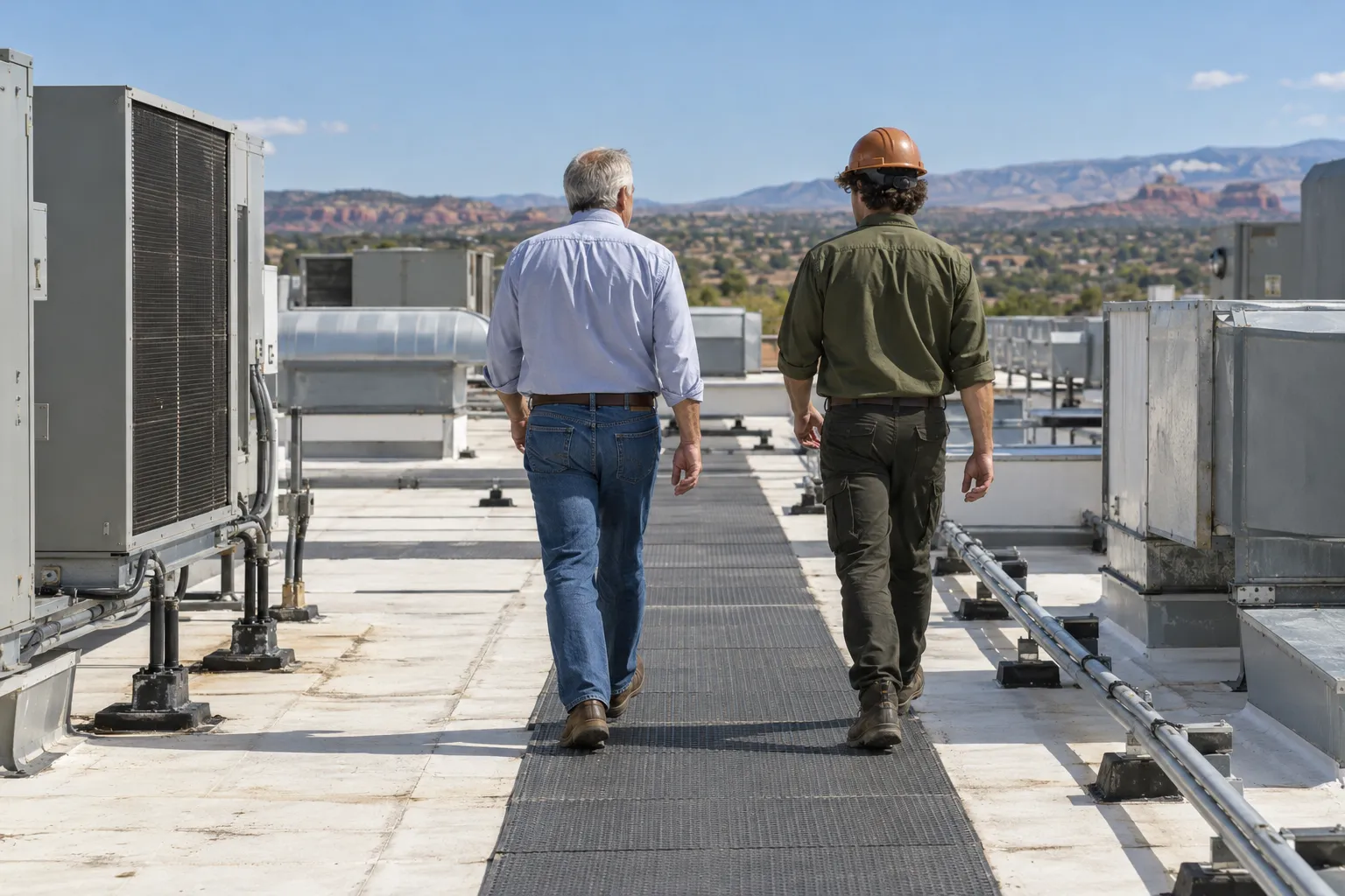 Roofer and plant manager walking a walkway pad between rooftop units in Verde Village, AZ