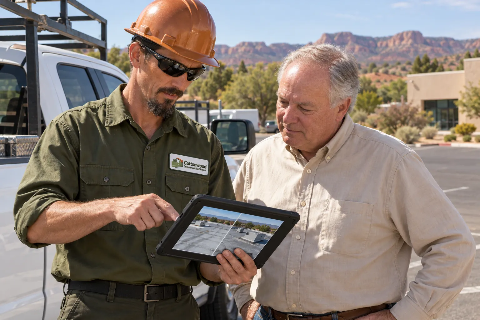 Roofer showing a property owner inspection photos on a tablet beside a work truck