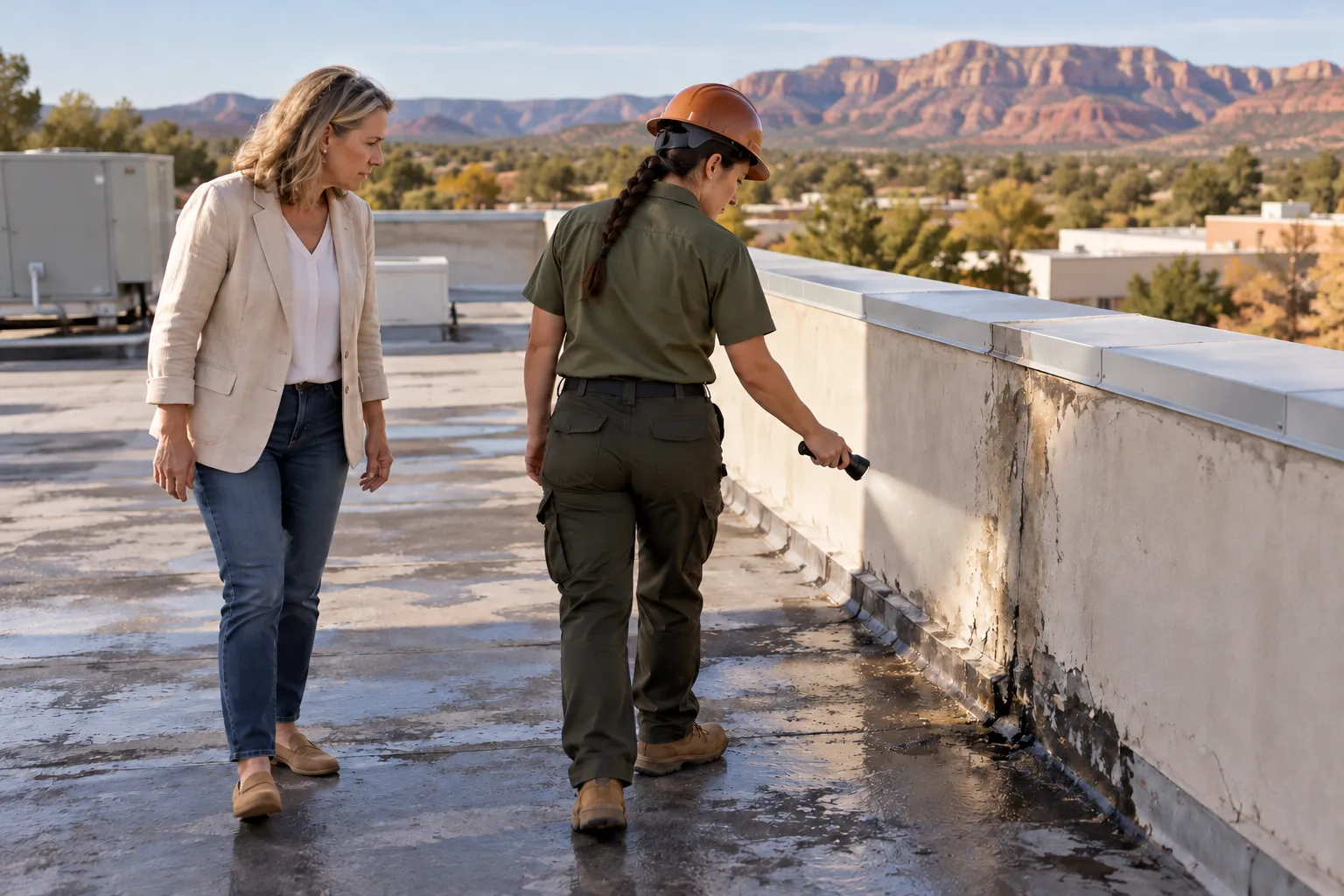 Roofer tracing a dark water trail down a parapet wall with a flashlight in Sedona, AZ