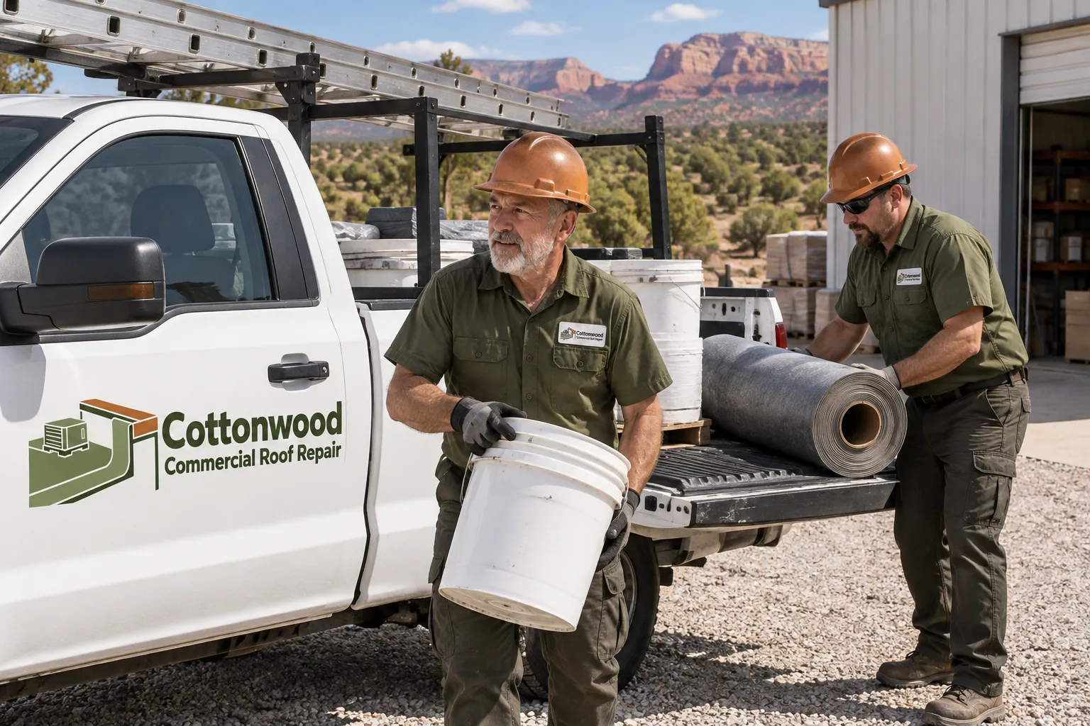 Two roofers unloading a sealant bucket and a membrane roll from a white work truck beside a metal warehouse