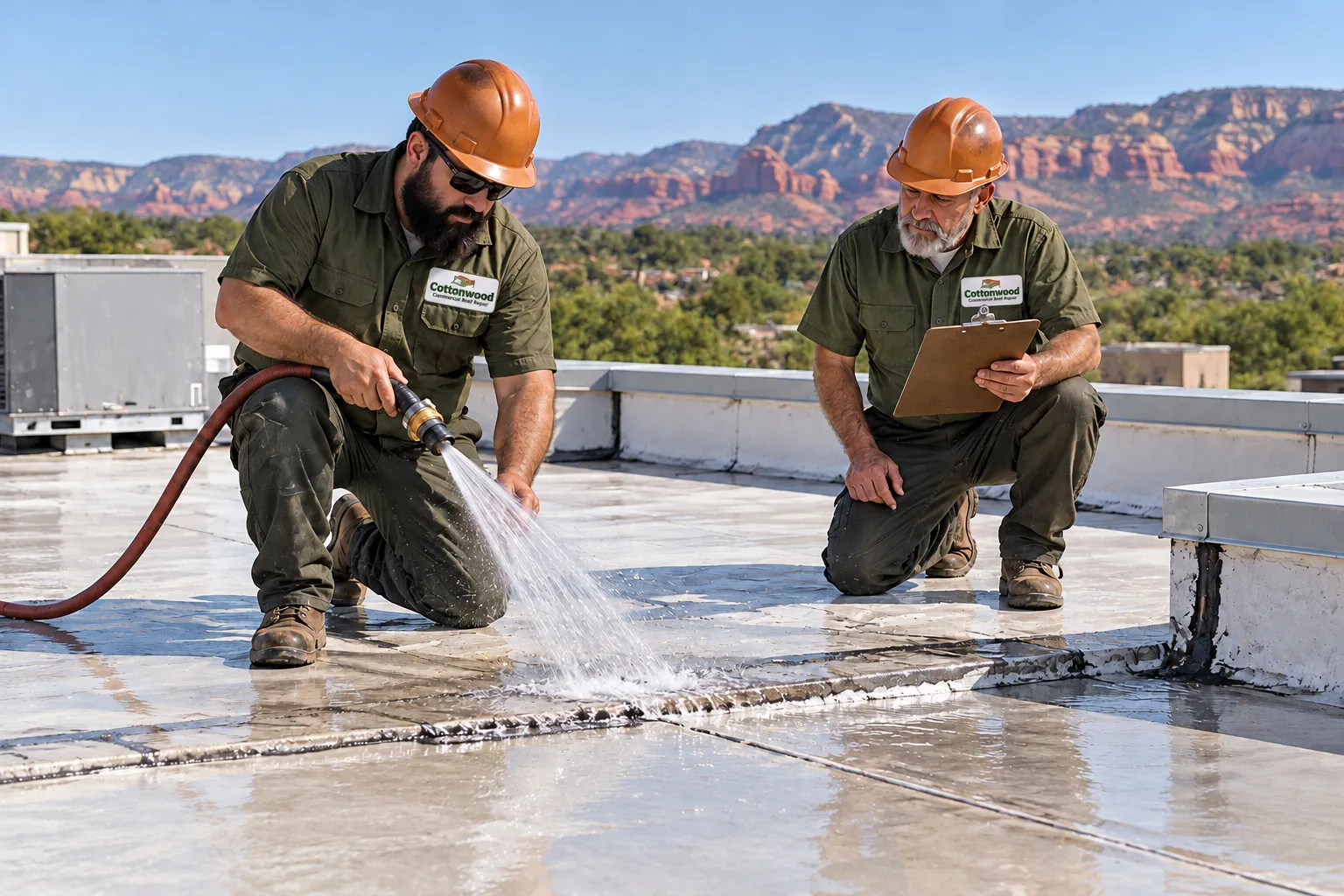 Two roofers running a controlled water test at one seam with a hose