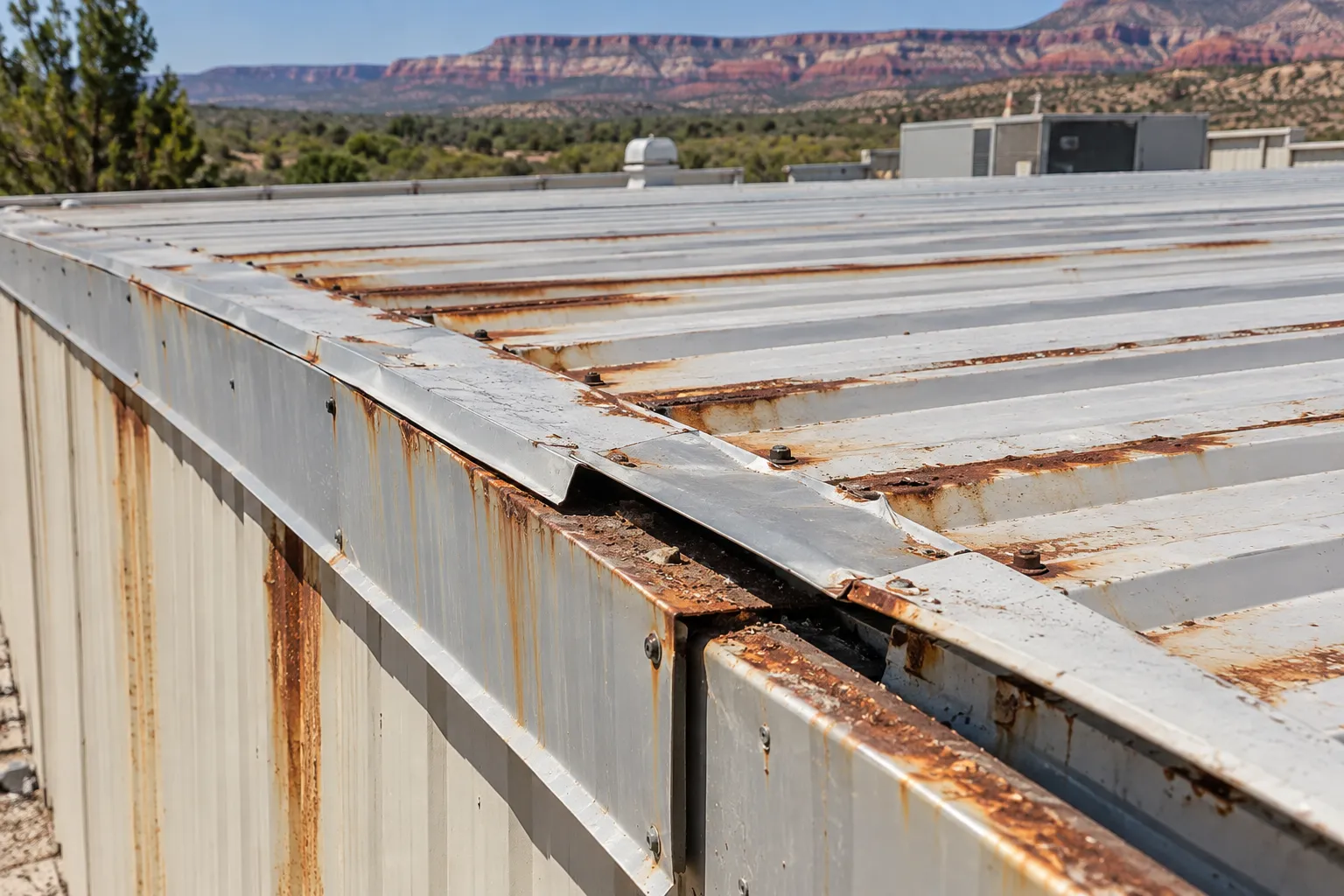 Rust bloom along a metal panel lap and a separated ridge cap