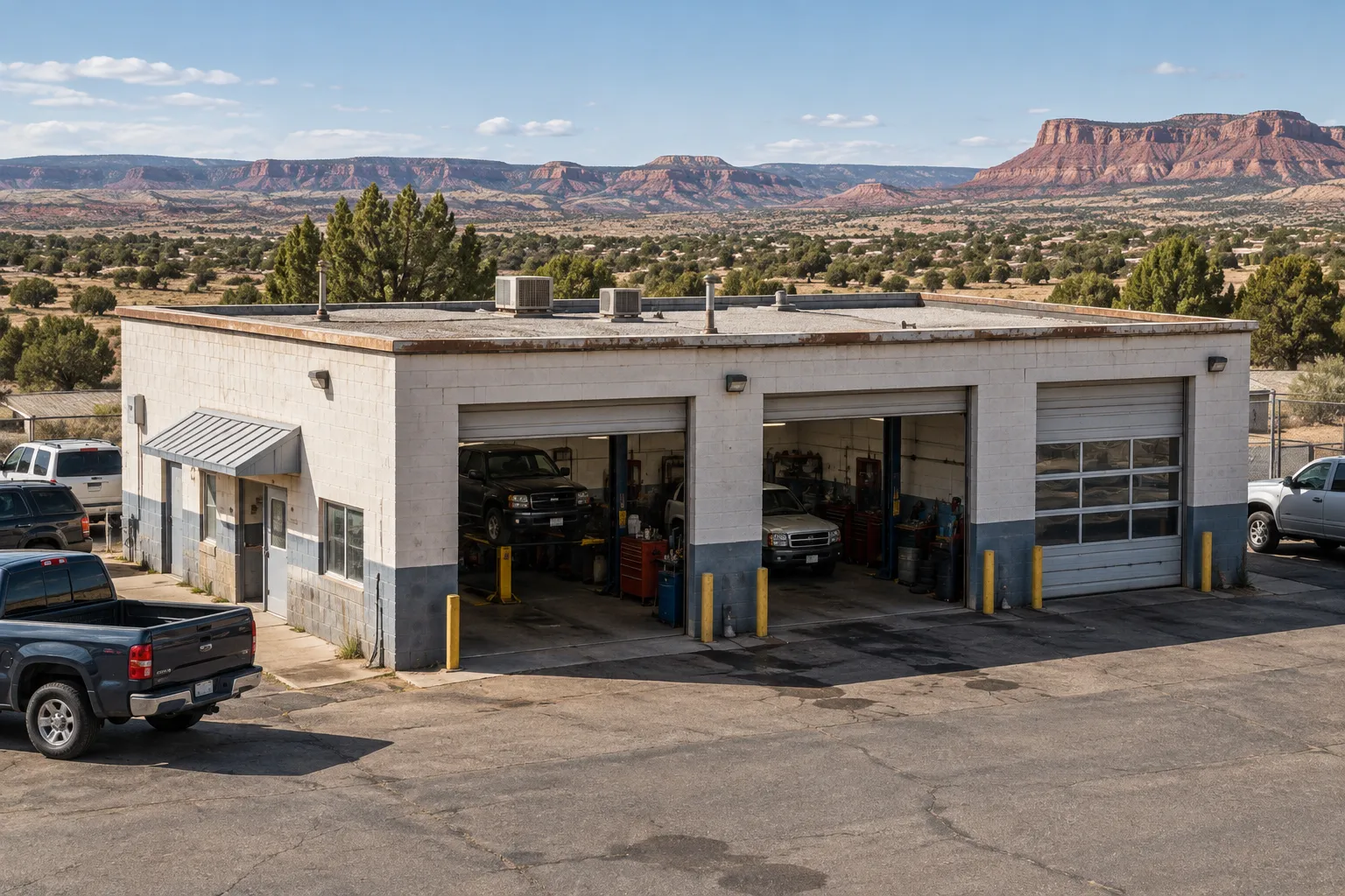 Single-story service garage with roll-up doors and a flat roof lined with rooftop units in Clarkdale, AZ