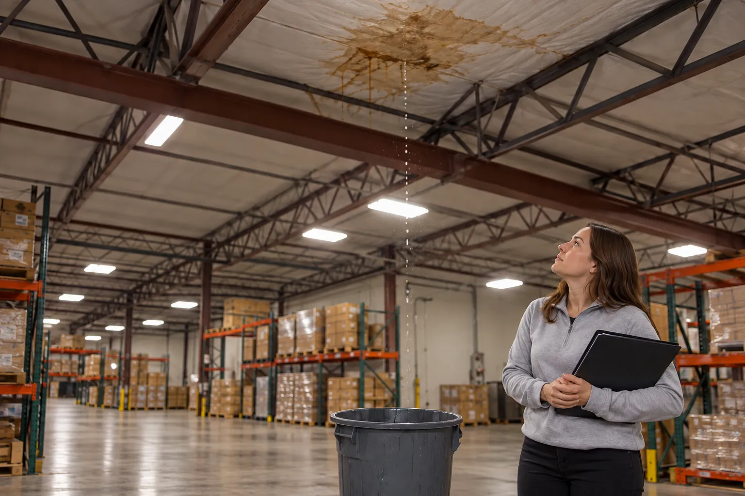Facility manager looking up at a ceiling stain above a drip bin